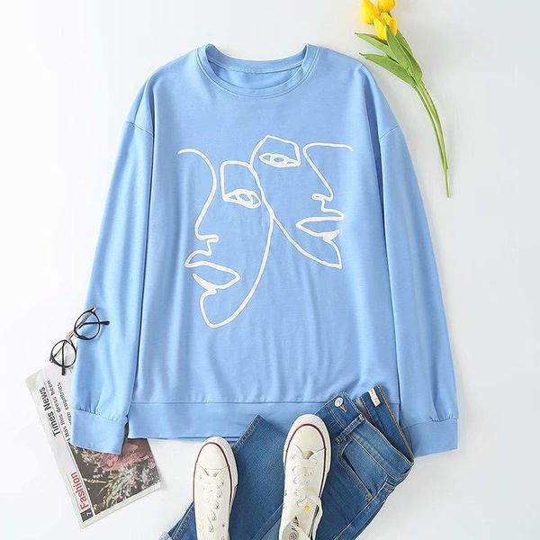 

women's hoodies & sweatshirts biaoruina character embroidery blue sweatshirt round neck casual pullovers for women loose comfortable ac, Black