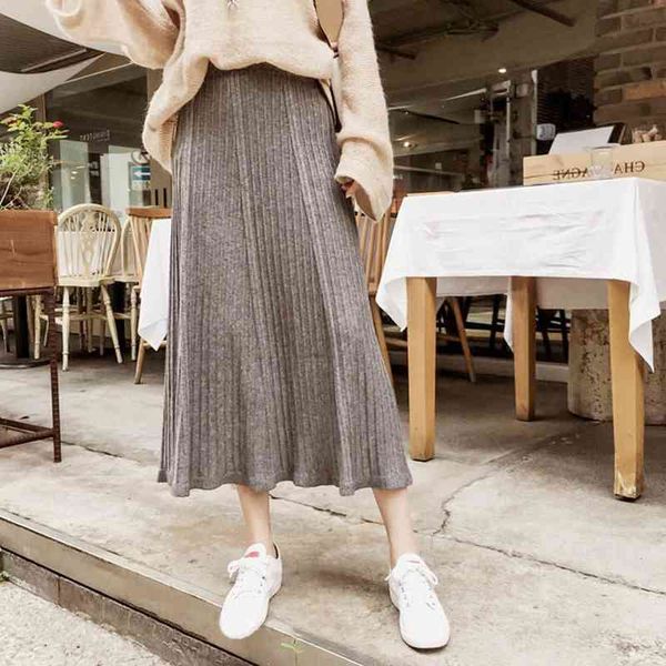 

autumn winter high waisted knit skirt women solid mid calf quality pleated womens s a line female elastic waist 210603, Black