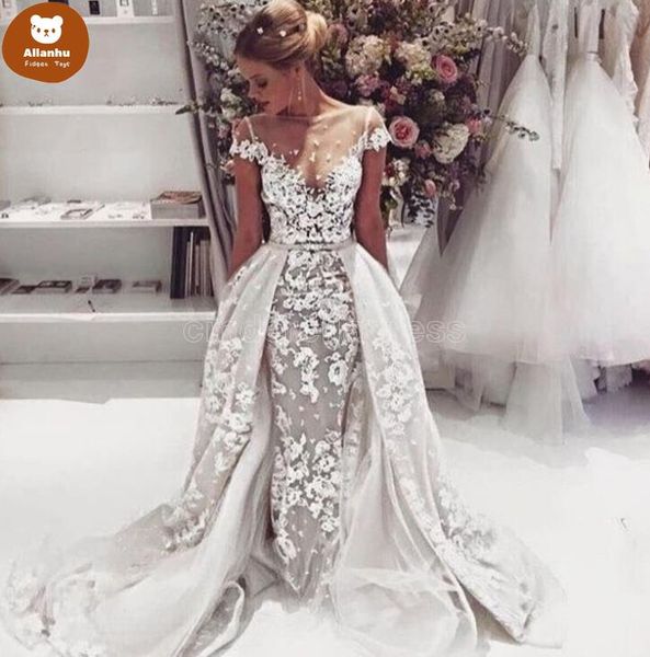 

2022 lace appliques wedding dresses bridal gowns with overskirt sheer bateau short sleeves vestidos de novia custom made court train bc10177, White