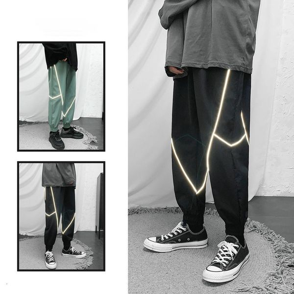 

men's pants hip hop cargo fashion harajuku harem pant streetwear casual joggers reflective trousers sbjt, Black