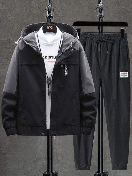 

men letter graphic contrast panel drawstring hooded jacket & patched detail pants without tee n4fg#, Gray