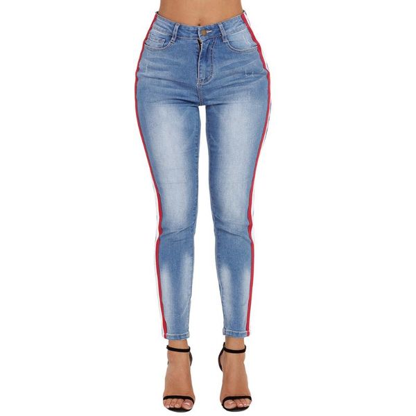 

women's jeans shiying high waist side stripe belt design slim fit large size 786007, Blue