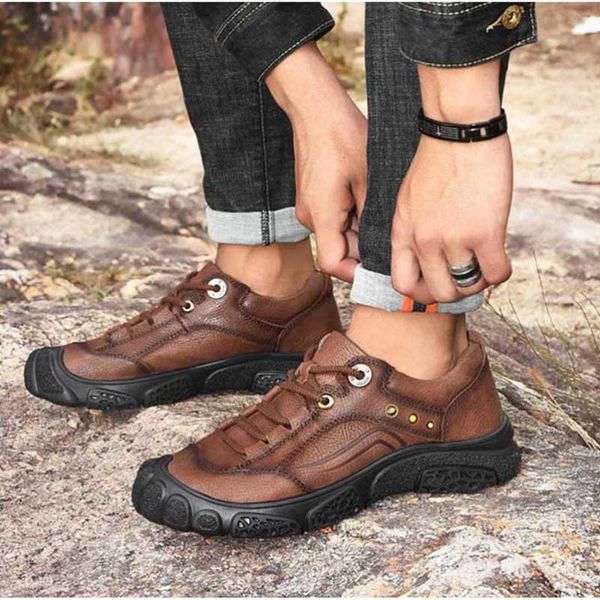 

boots quality natural leather men plus size waterproof ankle autumn rubber sole outdoor shoes, Black