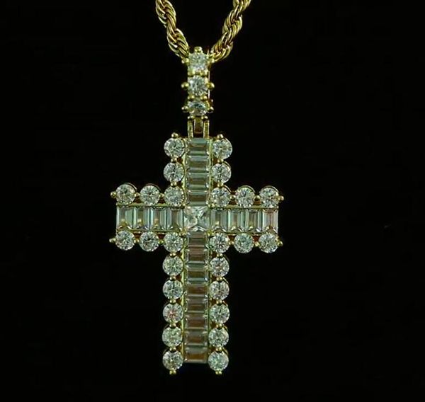 

14k gold plated 55mm men's baguette cross pendant necklace soild real iced diamond hip hop jewelry for men women gifts, Silver