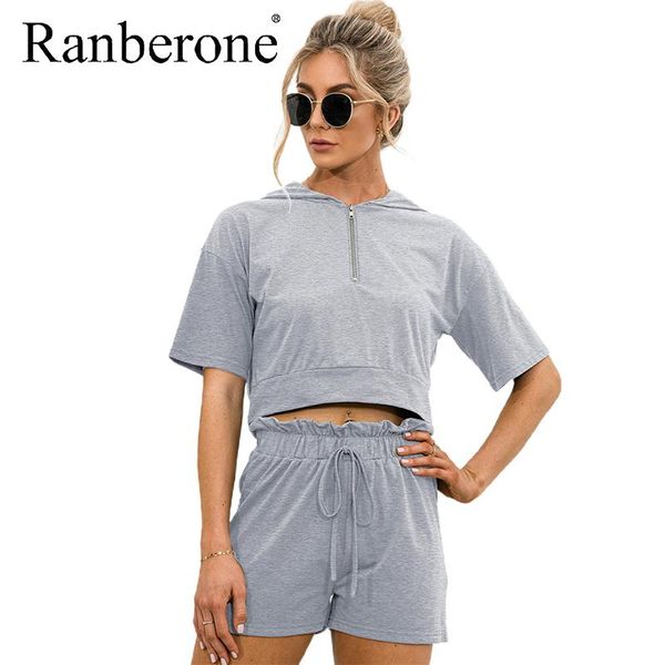 

gym clothing ranberone zipper hoodie + shorts casual suit women's tracksuit solid color two piece set sport 2021 matching sets women, White;black