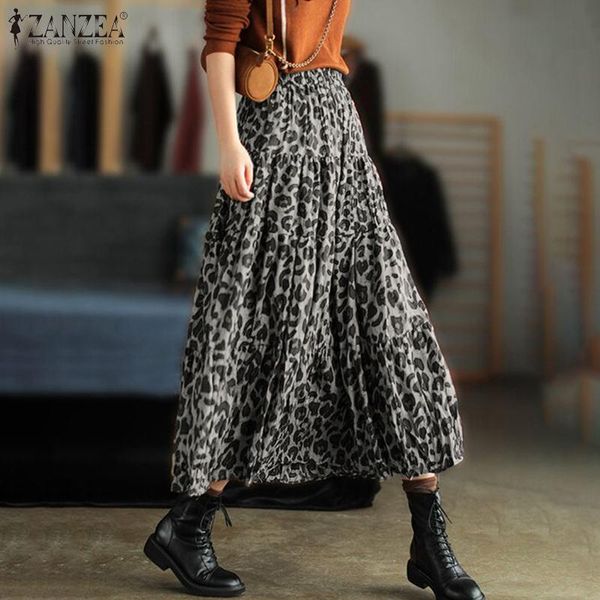 

skirts zanzea fashion women spring long skirt bohemiam leopard printed summer faldas saia casual elastic waist party jupe7, Black