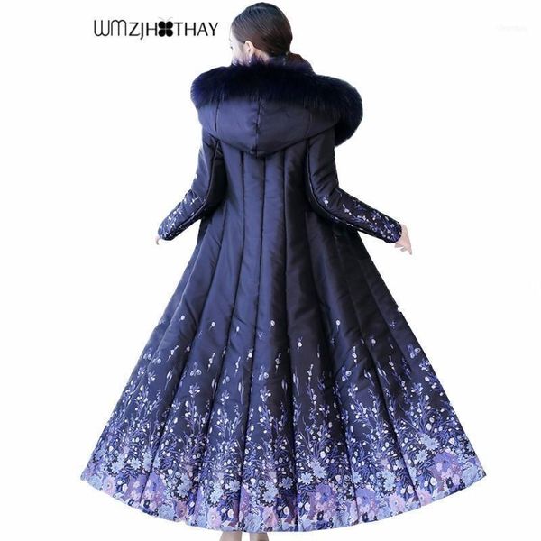 

luxury big fur collar blue down jacket winter fashion stitching print hooded coat temperament slim thicke warm cotton outerwear1, Black
