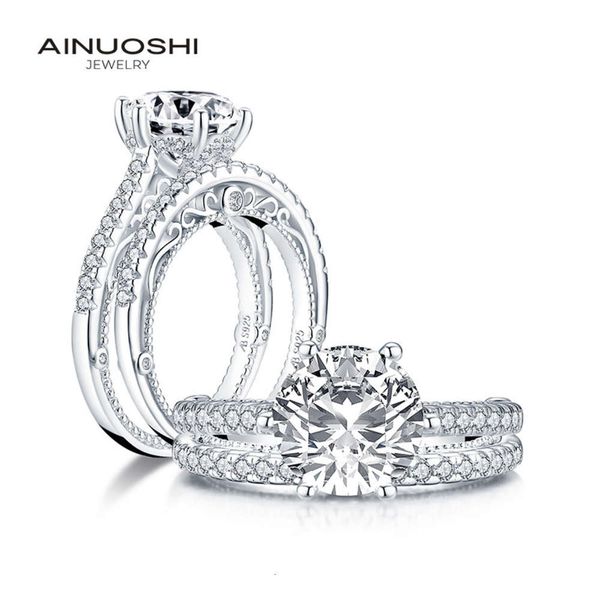 

925 sterling round main wedding set with stone inlaid ring new high-end silver ainuoshi, Slivery;golden