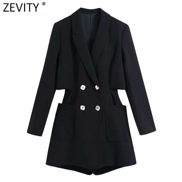 

zevity women vintage double breasted suits style chic playsuits office lady business shorts siamese brand rompers p1011 210603, Black;white