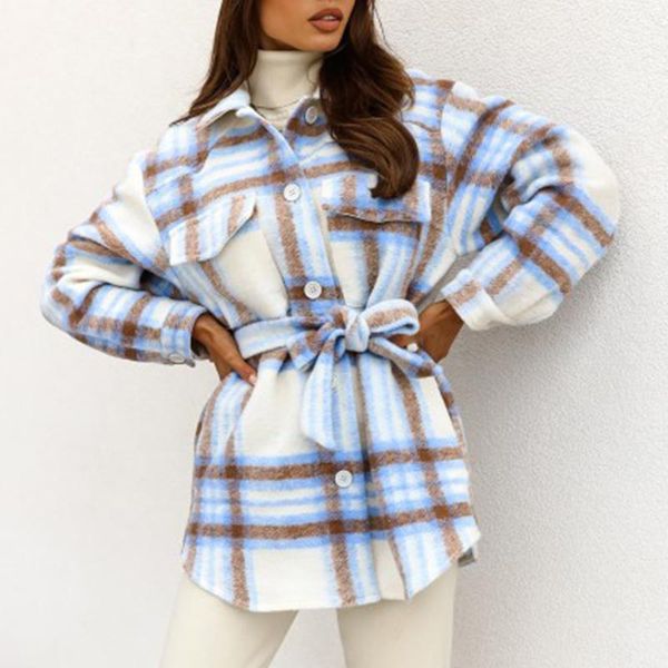 Wollmischungen der Frauen 2021 Herbst Winter Frauen Plaid Jacket Lange Ärmel Gürtelte Warme Dicke Lässige Vintage High Street Braun Mantel Outfits Top