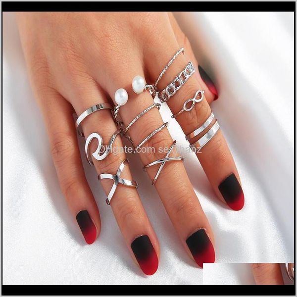 

band drop delivery 2021 10pcs/set bohemian geometric rings set for women vintage sier gold color imitate pearl knuckle finger ring female fa, Silver