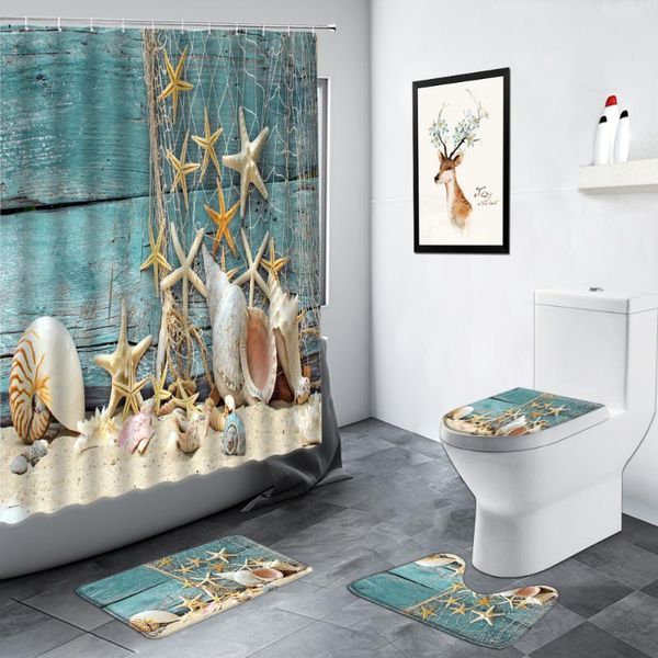 

shower curtains beach shell conch curtain starfish retro blue wooden board personality bathroom decor carpet non-slip toilet bath mat set