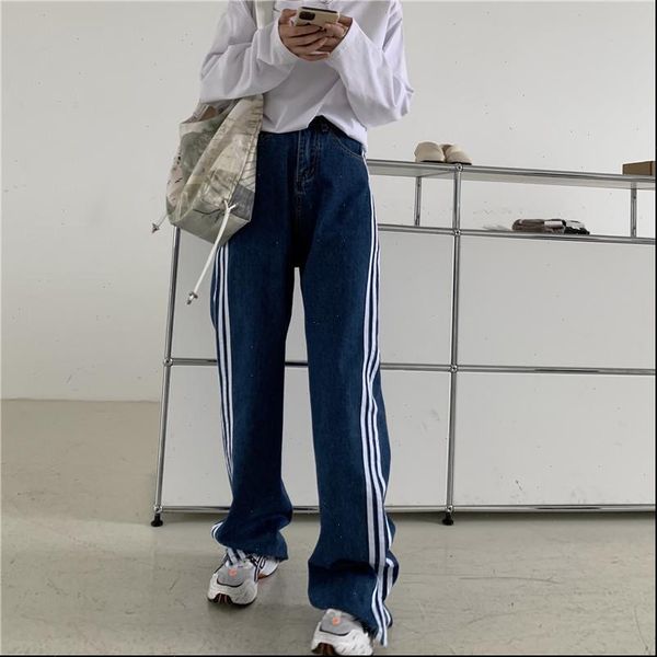 

pantalon femme pocket high waist women jean dark blue striped straight loose slit 100% cotton stretch plus size trousers