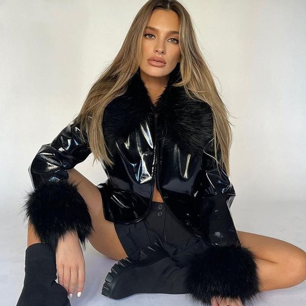 

women's jackets fufucaillm women faux pu leather jacket fur trim cute y2k cardigan casual loose cropped coat vintage streetwear fashion, Black;brown