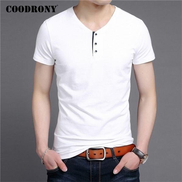 Coodrony Manga Curta T Shirt Homens Verão Streetwear Algodão Casual Camiseta Botão de Moda Homme Henry Collar T-shirt Homens C5091S 210409