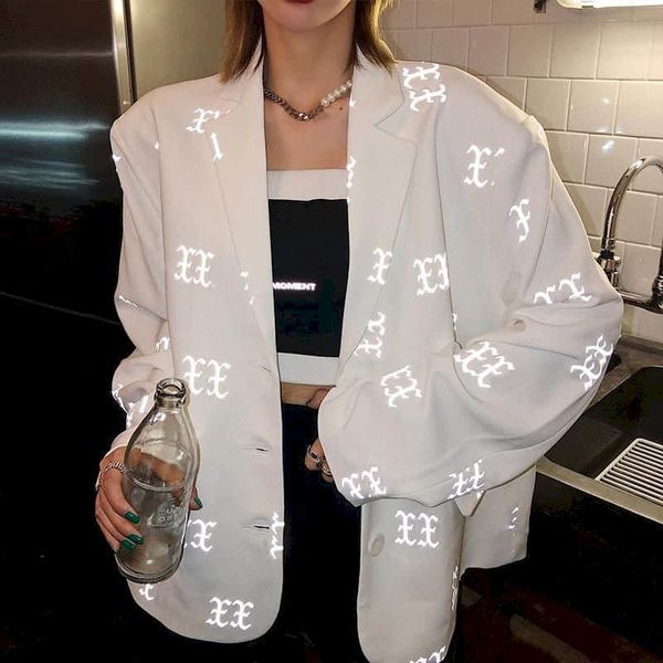 

women's suits & blazers female white blazer streetwear, long glove jacket with fluorescence pattern dv7y, White;black