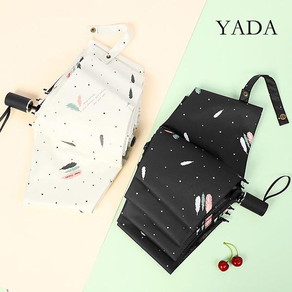 

umbrellas yada fashion feather 3-folding umbrella women uv rainproof parasol rain sun light plant leaves yd200203