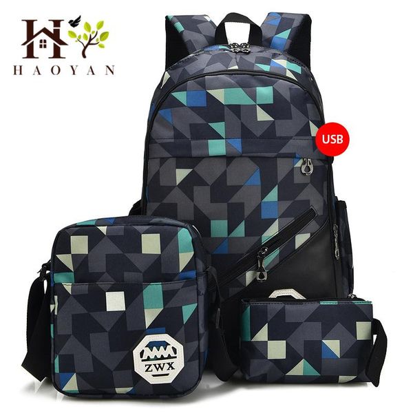 

backpack 3-piece men's large waterproof polyester bag high school student male computer usb charging