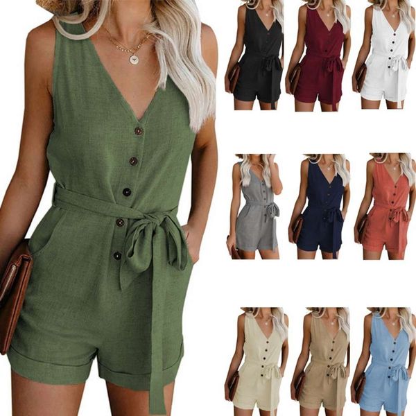 

summer casual v-neck belt solid one piece shorts, Black;white