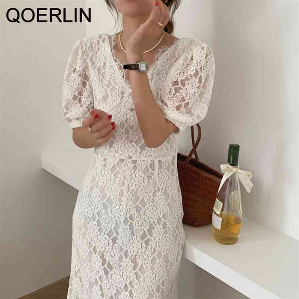 

see through v-neck water-soluble pearl button zipper lace dress elegant party black puff sleeve high waist vestido 210601, Black;gray