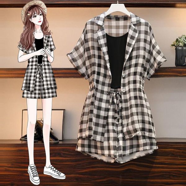 

women's suits & blazers 2021 summer large size clothing tight waist slimming youthful fashionable plaid and shorts two-piece set, White;black