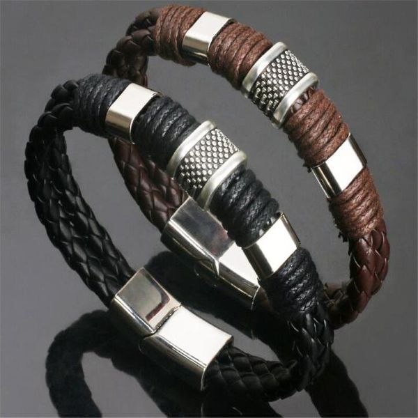 

charm bracelets men stainless steel bracelet black brown genuine leather braided bangle hand jewelry wholesale bulk, Golden;silver