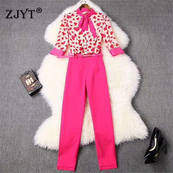 

women's two piece pants female spring designer runway 2 piece elegant set lady office outfit bow collar heart print superior and pants, White