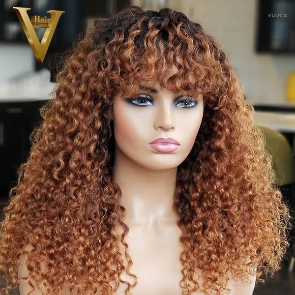 

honey blonde ombre human hair wig brazilian remy curly with bangs 13x6 lace front wigs for women 150 density1, Black;brown