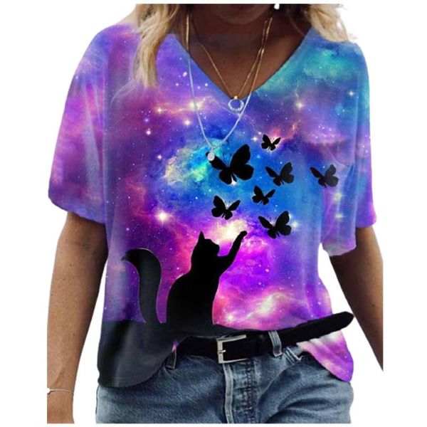 

women's t-shirt v neck personality 3d printed t shirt 2021 summer loose short sleeved hedging irregular ladies tee moda mujer, White