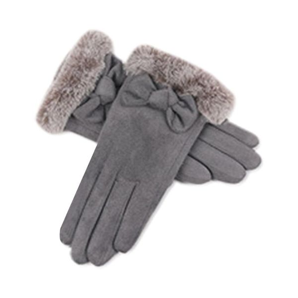 

five fingers gloves protective autumn full finger thicken faux suede outdoor soft warm windproof touchscreen bow tie cozy women winter, Blue;gray