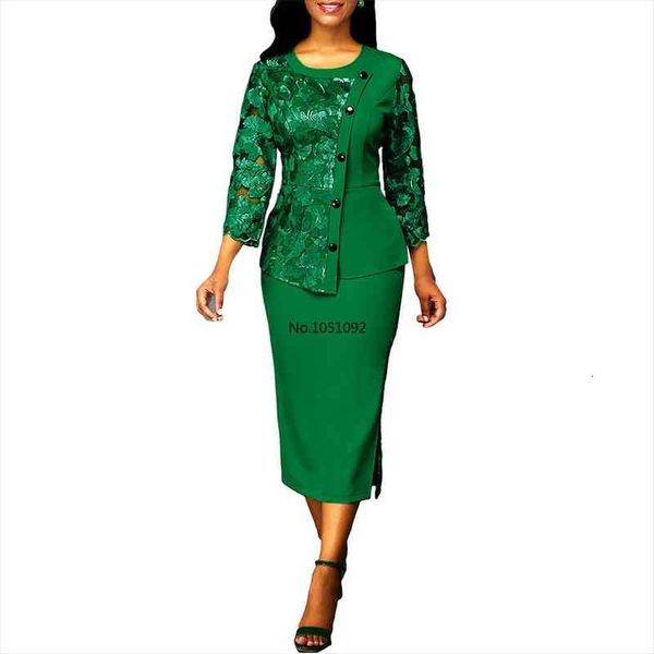 

summer autumn two piece women tracksuits set elegant lace hollow out shirt casual plus size slim office bodycon skirts, Gray