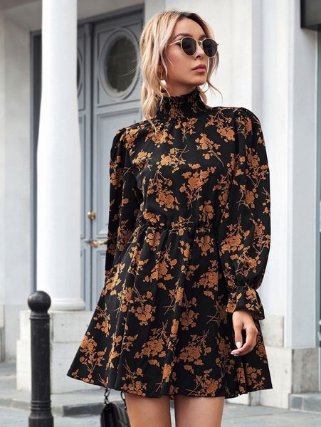 

shirred high neck flounce sleeve floral dress 40ao#, Black;gray