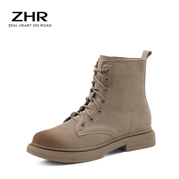 

boots 2021 desert women cow suede leather ankle combat round toe cross-tied autumn winter lady shoe, Black