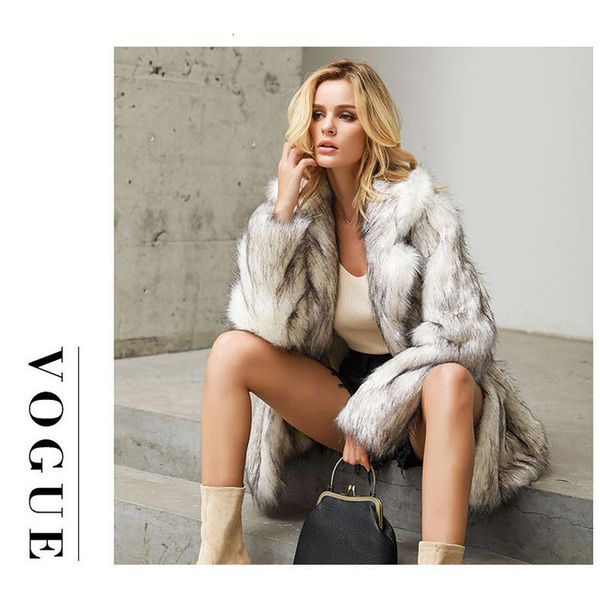 

jackets fall/winter women's white bottom black tip european and american mid-length suit faux fur coat, Black;brown