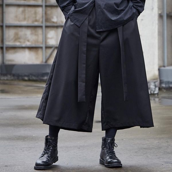 

casual black wide leg kimono pant skirt trousers male streetwear gothic harem hip hop punk men ribbon splice loose mid men's pants