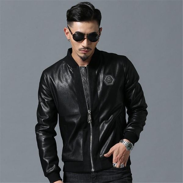 

men's fur & faux men high street style stand-neck sudaderas hombre rib sleeve streetwear mens jackets and coats skull rhinestones pu, Black