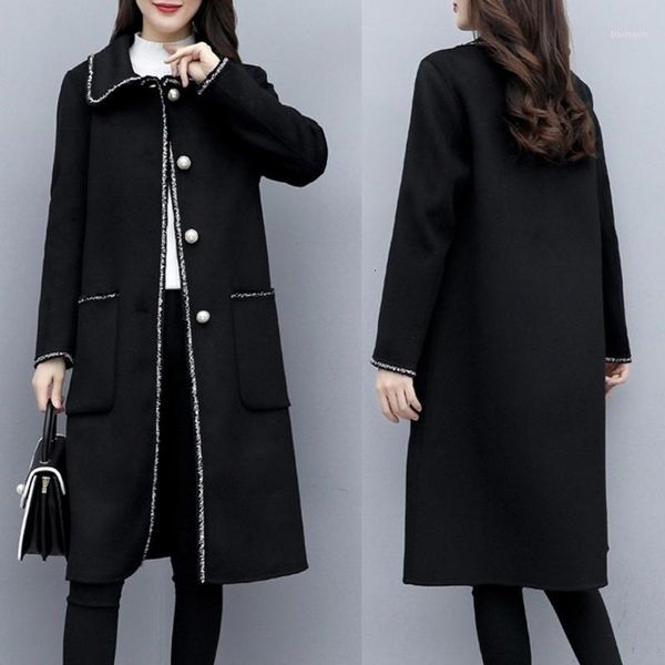 

women's wool & blends women work solid vintage winter office long sleeve button woolen jacket coat drop fashion retro trend size1 xlb7, Black