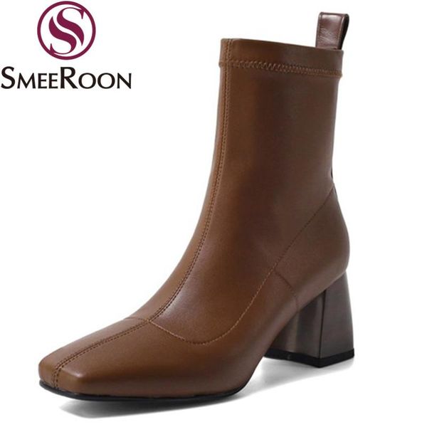 

boots smeeroon 2021 large size 34-42 women thick high heels square toe autumn winter ankle, Black