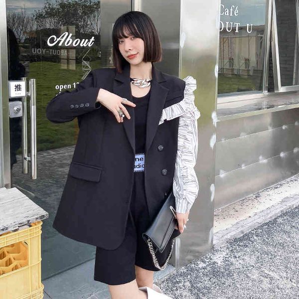 

women's suits & blazers [eam] women striped ruffles big size blazer lapel long sleeve loose fit jacket fashion spring autumn 2022 1de28, White;black