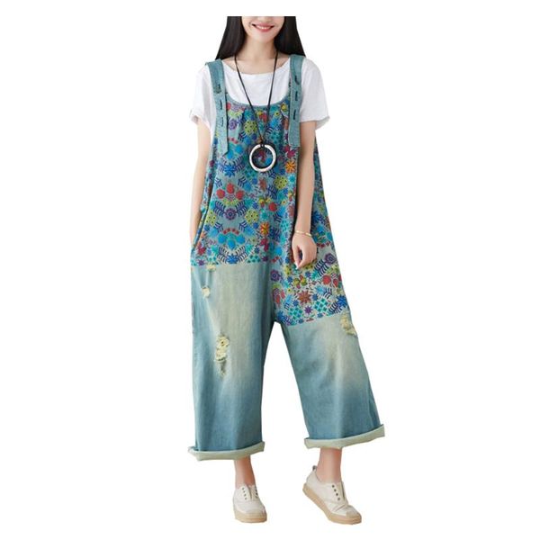 

women's jeans women pattern printed denim bib overalls loose holes ripped wide leg crop jumpsuits coveralls, Blue