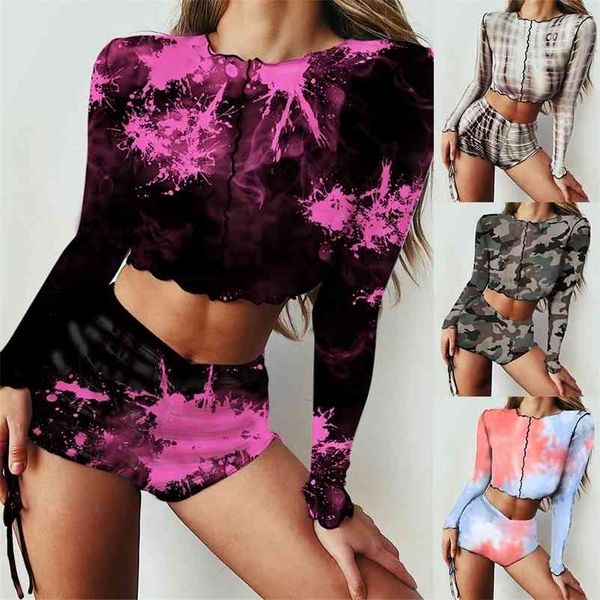 

autumn fitness two piece set women long sleeve tee crop shorts tracksuit outfits tie dye print biker tshirts jogging 210520, White