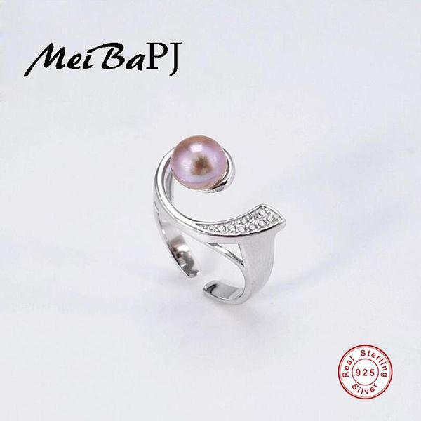 

cluster rings [meibapj] simple fashion 925 sterling silver personality ring natural freshwater pearl for women fine jewelry gift box, Golden;silver