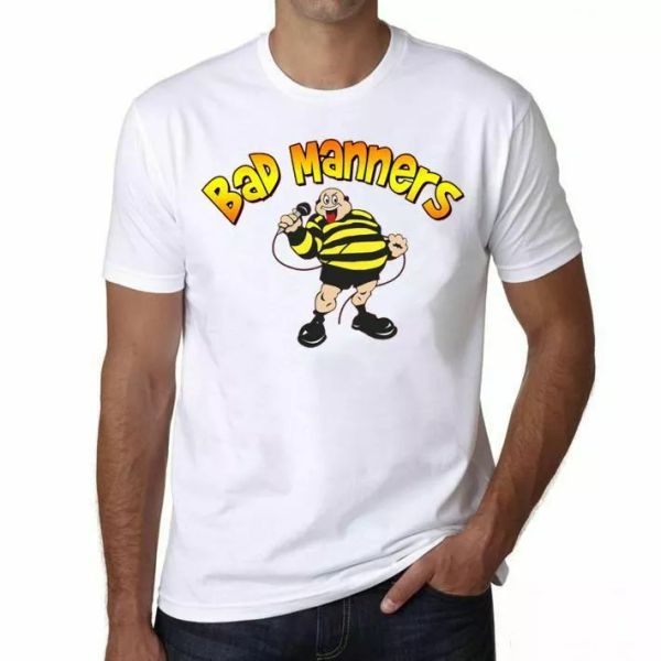 

bad manners logo white mens t-shirt men rock band tee shirt, kids, White;black