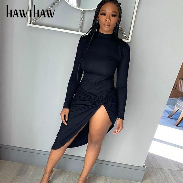 

casual dresses hawthaw women autumn winter long sleeve soild color party club bodycon open fork split dress fall clothes streetwear pyh6, Black;gray