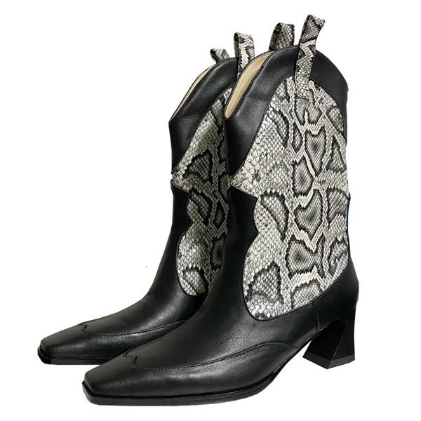 

boots small square toe snake pattern mid calf boots women hoof heels patchwork long western cowboy botas female runway shoes 2u4f, Black