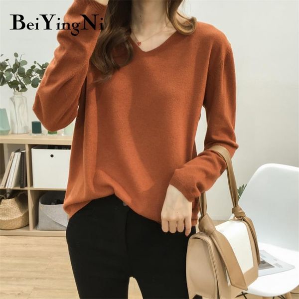 

loose women's sweater knitted autumn winter v-neck solid color basic korean knitwear female pullovers casual 210506, Black