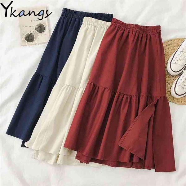 

cotton solid color high waist midi skirts women korean irregular split black long skirt summer pleated for students 210421