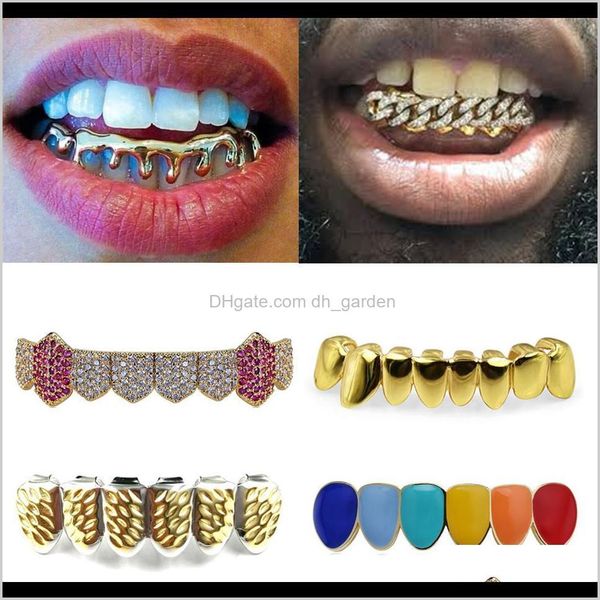 Grillz, Vücut Takı 18 K Gerçek Altın Parantez Punk Hiphop Mticolor Elmas Özel Alt Dişler Grillz Diş Ağız Fang Izgaralar Diş Kap Vampir