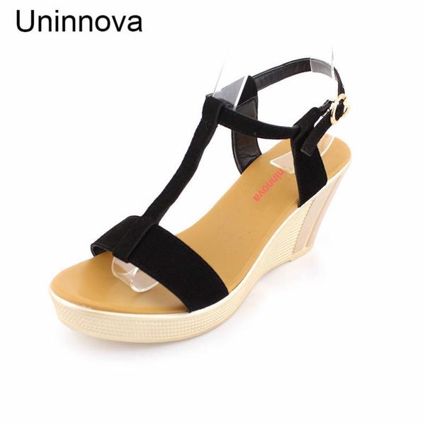

ankle strap wedge heels platform flat sandals high heeled comfortable leisure shoes uninnova extral small size 35-40 wsa047, Black