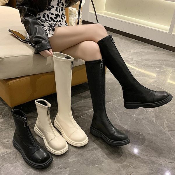

boots flat heel rock shoes woman lady boots-women zipper clogs platform round toe med 2021 over-the-knee rubber cotton fabric so, Black